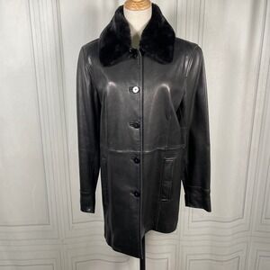 Y2K Vintage III State Black Leather Coat Removable Faux Fur Collar‎ Small